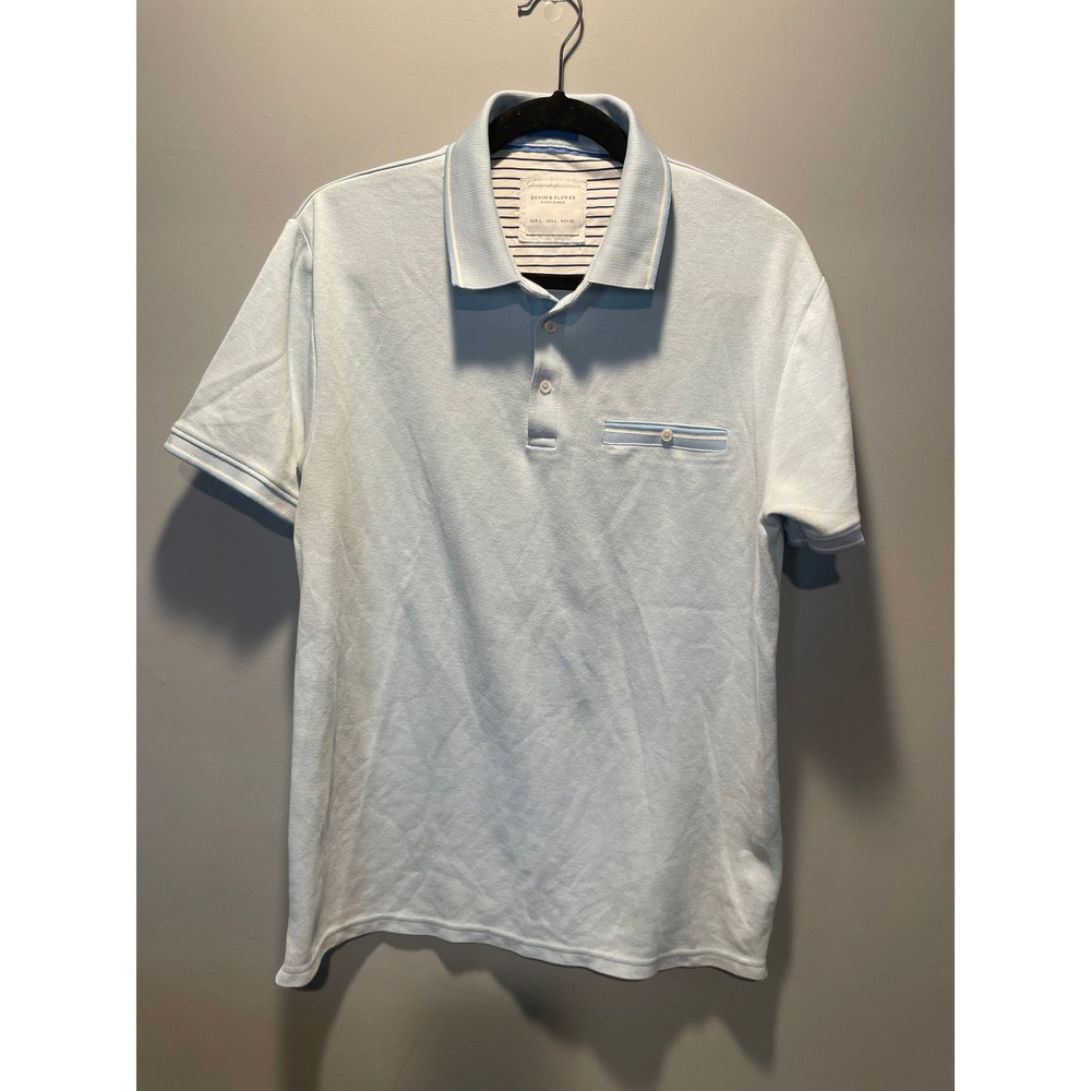 Denim & Flower Ricky Singh Mens Blue Pique Polo Shirt Short Sleeve Large
